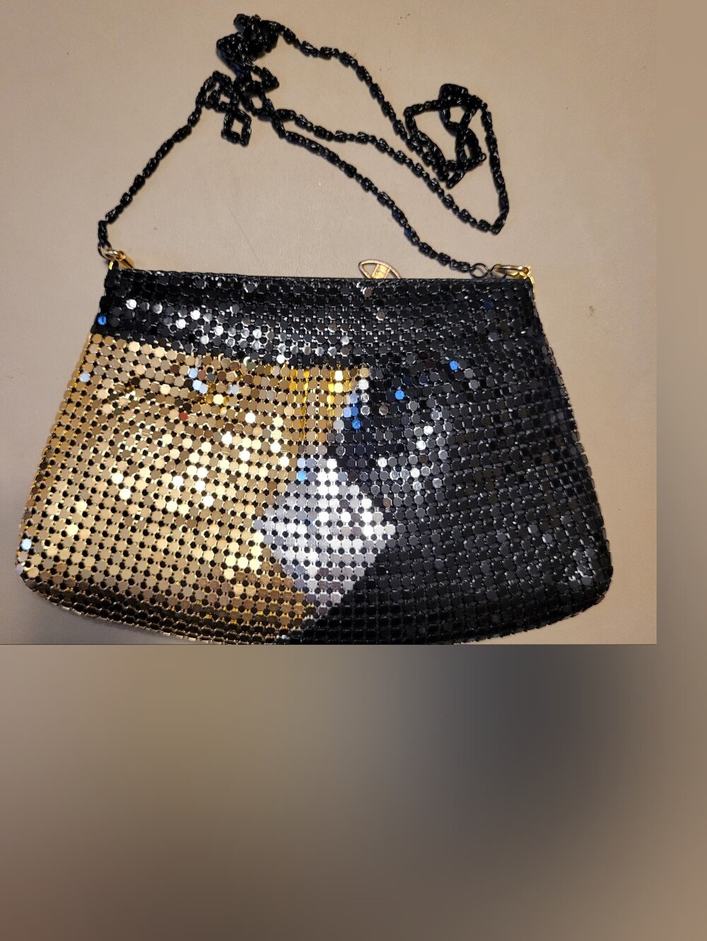 "Another Y&S Original" Black & Gold Metal Mesh Evening Crossbody Bag.